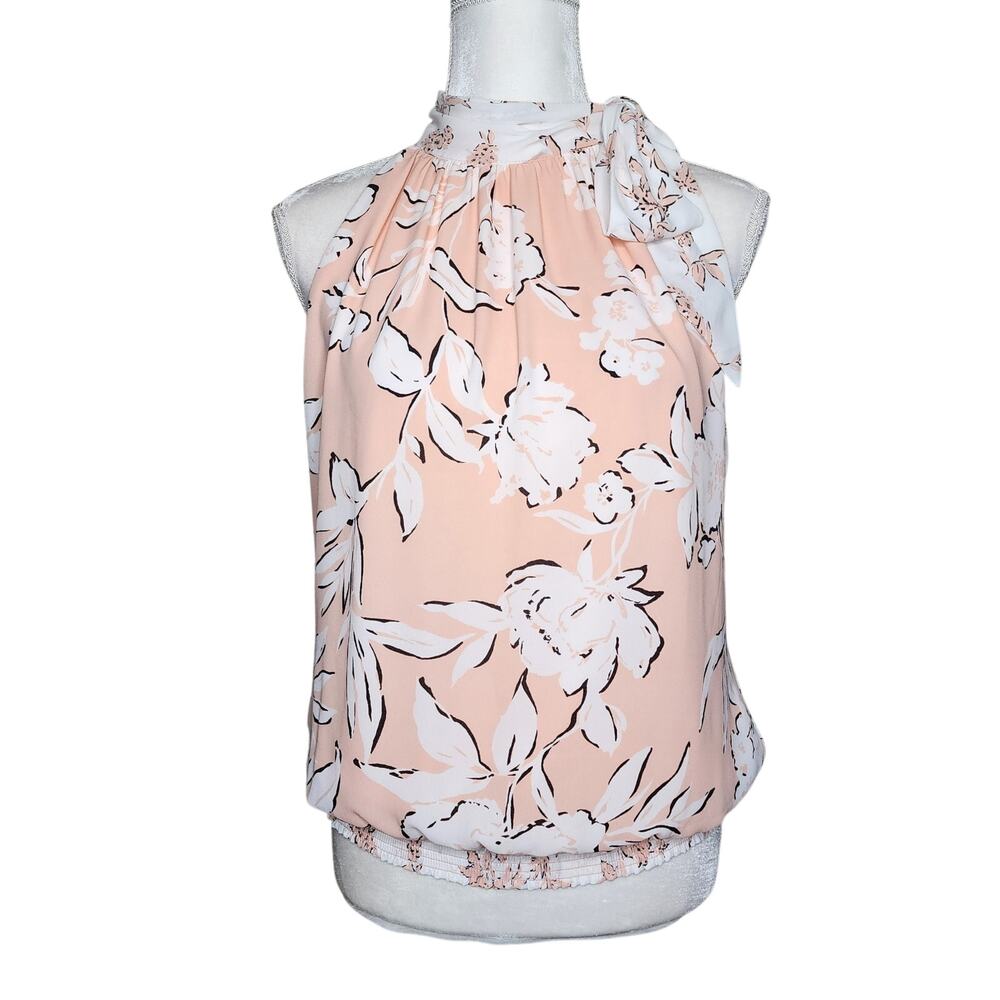 White House Black Market Pink  Floral High Neck Blouse Women's Size Small